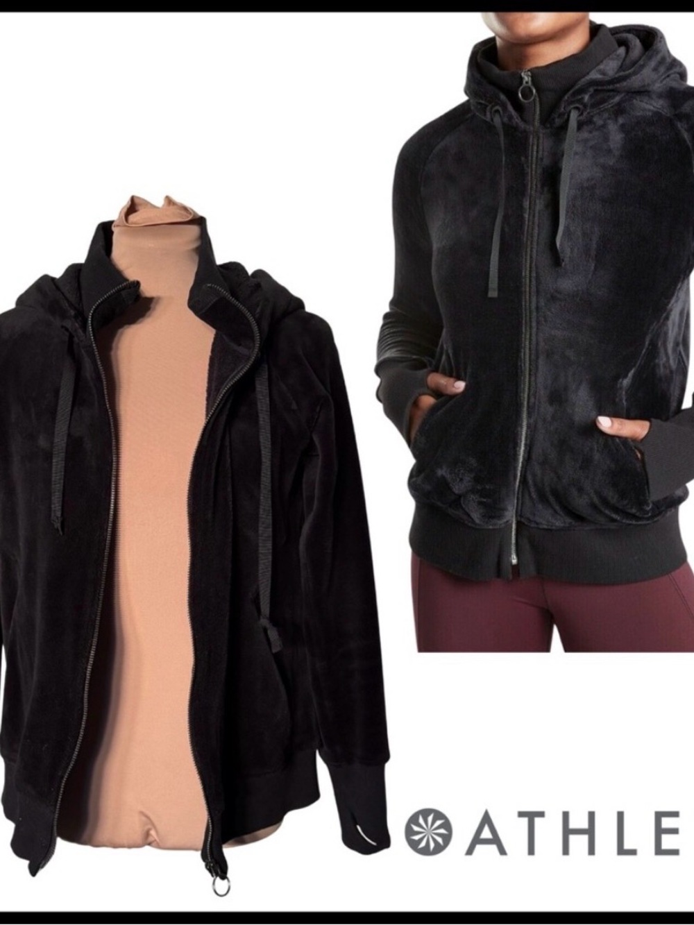 Athleta Medium - Black Triumph Hoodie - Double Cozy Karma Zip Up - Velour